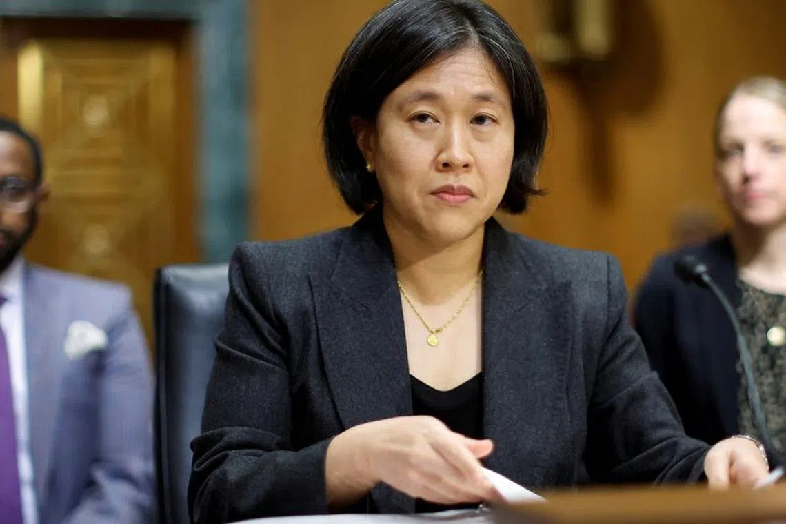 FILE PHOTO: U.S. Trade Representative Katherine Tai testifies before a Senate Finance Committee hearing on President Biden's trade policy agenda on Capitol Hill in Washington, U.S., March 31, 2022.  REUTERS/Jonathan Ernst/File Photo