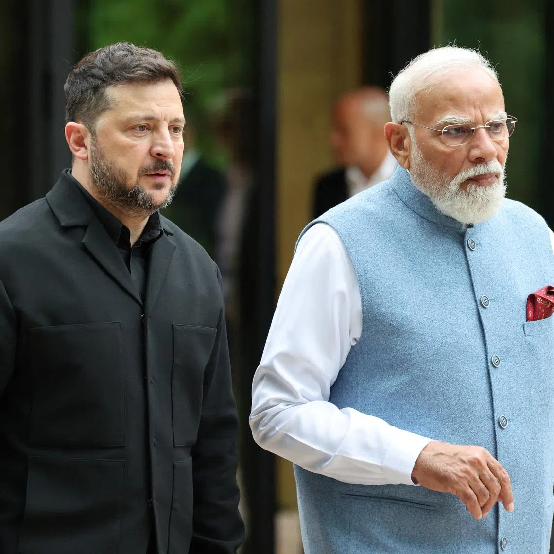 Ukraine's President Volodymyr Zelenskyi and India's Prime Minister Narendra Modi talk before  a family photo photograph prior to a gala dinner as part of the G7 summit in Evian-les-Bains, France, June 16, 2026. Ludovic Marin/Pool via REUTERS