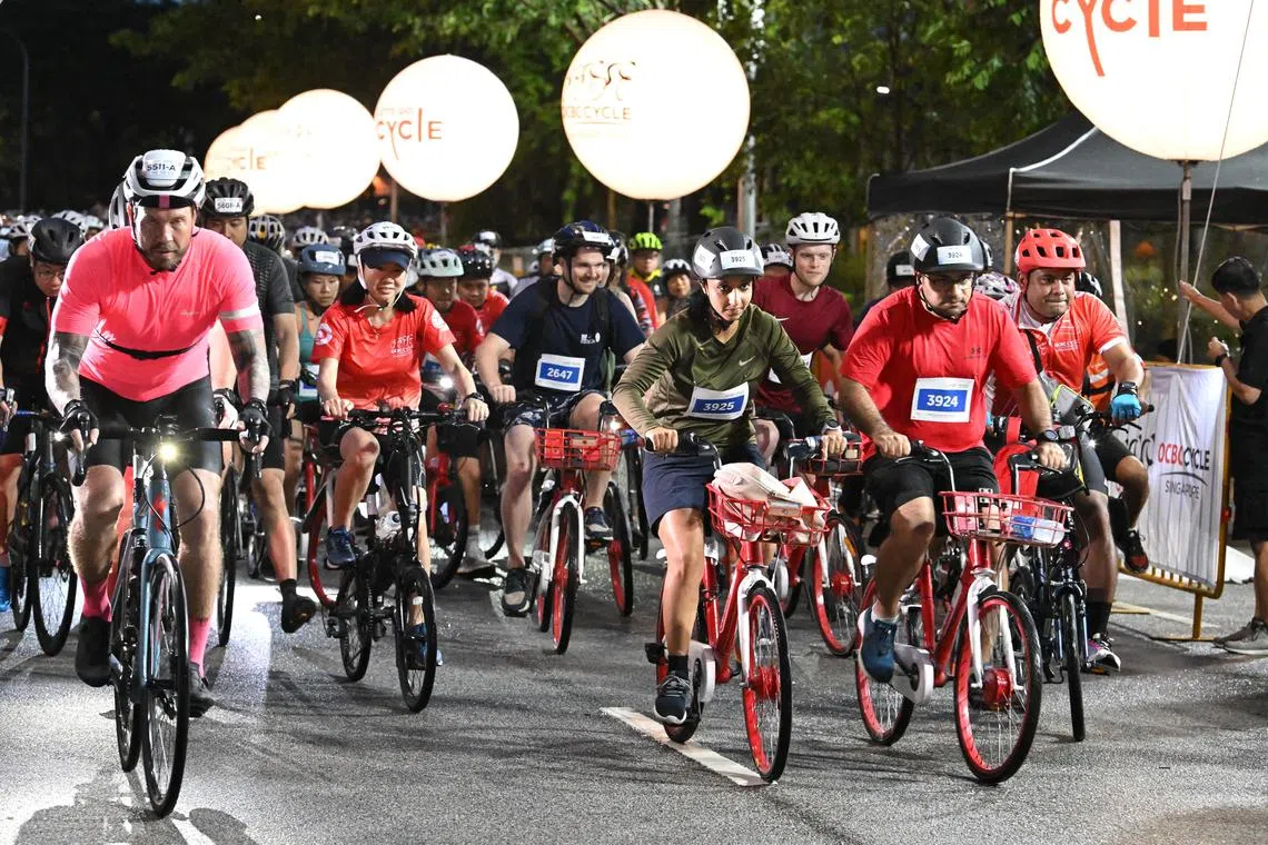 Cyclists participating in OCBC Cycle The Straits Times 20KM City Ride taking off at the start point on May 7, 2023.