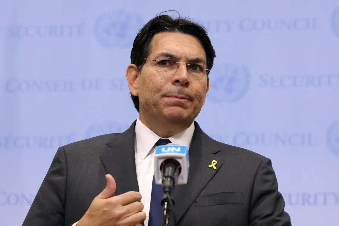 Israeli ambassador to the United Nations (UN) Danny Danon speaking on the situation in Gaza outside the United Nations Security Council at the UN headquarters in New York on May 15. 