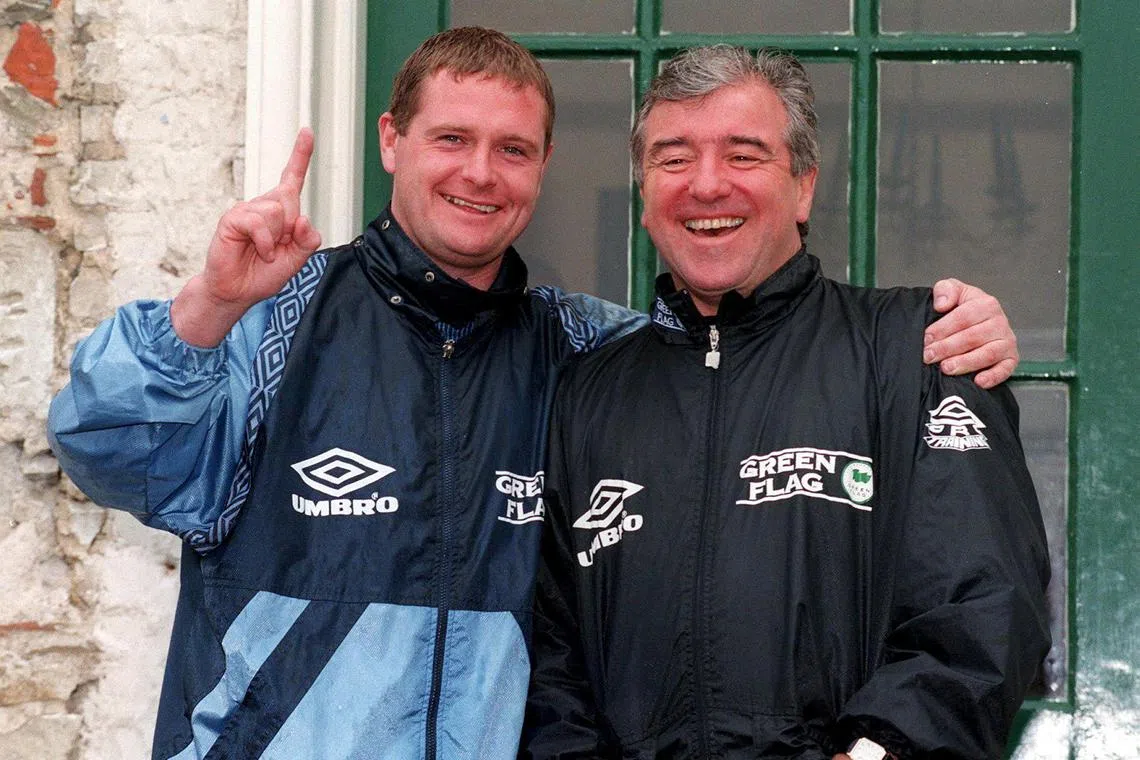 England midfielder Paul Gascoigne with manager Terry Venables in a photo taken in 1996.