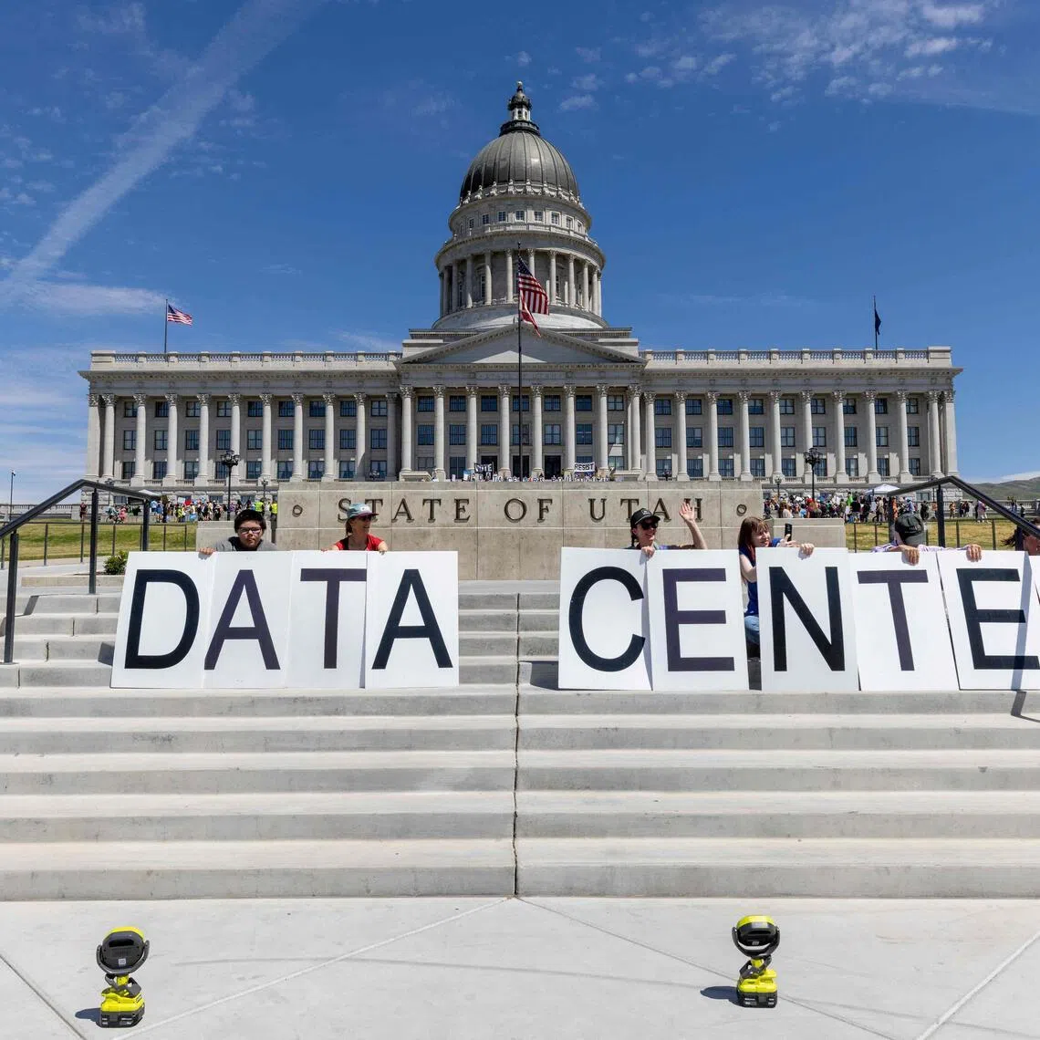 SALT LAKE CITY, UTAH - MAY 23: Demonstrators take part in a protest at the Utah State Capitol to oppose the construction of the Stratos data center in Box Elder County on May 23, 2026 in Salt Lake City, Utah. The proposed data center would be about 40,000 acres and is speculated to use 9 gigawatts of power.   Natalie Behring/Getty Images/AFP (Photo by NATALIE BEHRING / GETTY IMAGES NORTH AMERICA / Getty Images via AFP)