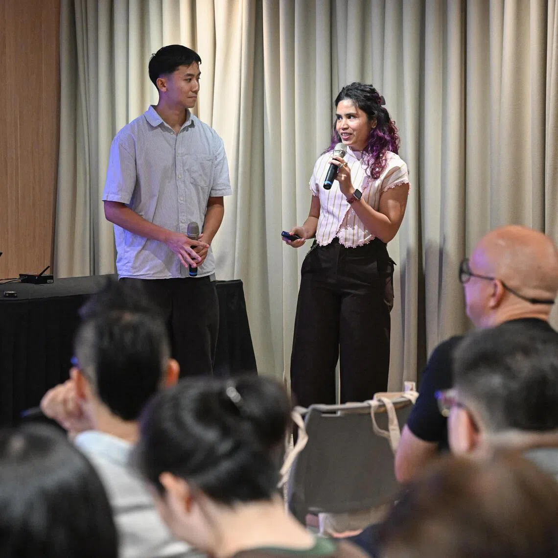 ST journalist Wong Yang (left) and executive producer Farzanah Friday speaking to lecturers at the professional development workshop as part of The Straits Times’ News Literacy Champions programme on Sept 28.
