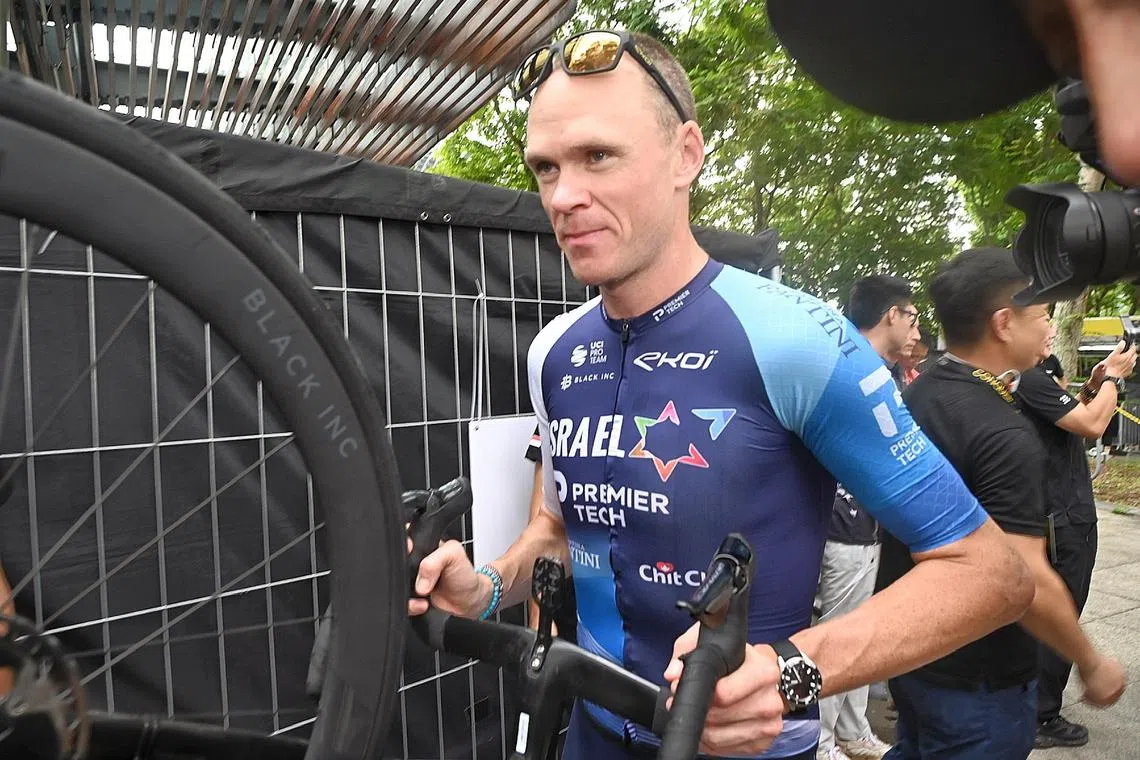 Chris Froome seen with his bicycle during the Tour de France Criterium in Singapore on Nov 9, 2024 at the Esplanade Park.