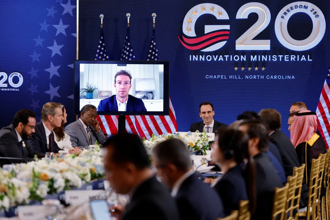 Meta CEO Mark Zuckerberg speaking via video conference during a G-20 meeting in Chapel Hill, North Carolina, on Sept 1.