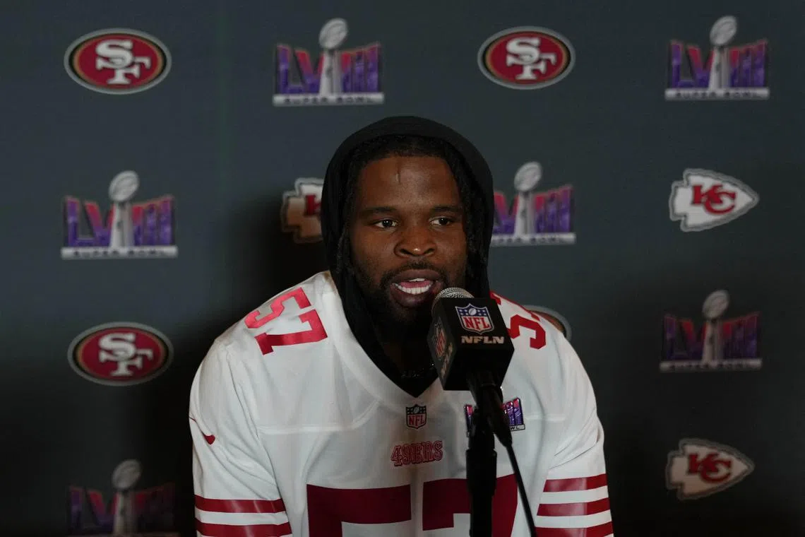 FILE PHOTO: Feb 8, 2024; Las Vegas, NV, USA; San Francisco 49ers linebacker Dre Greenlaw (57) during a press conference before Super Bowl LVIII at Hilton Lake Las Vegas Resort and Spa. Mandatory Credit: Kyle Terada-USA TODAY Sports/File Photo