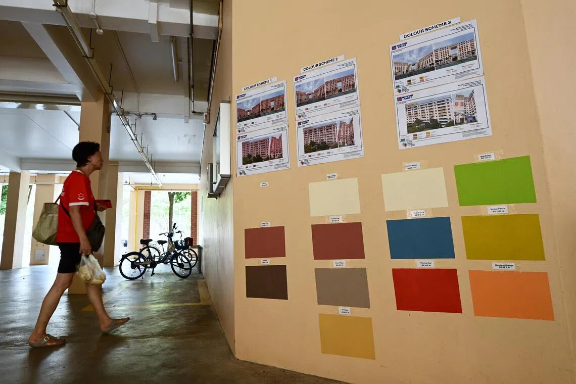 The three colour scheme options on display at one of the blocks in Tampines Street 45.