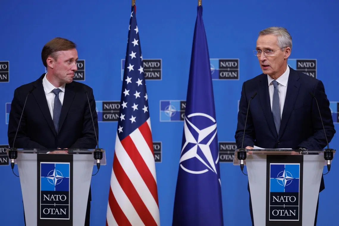 National security adviser Jake Sullivan (left) and Nato secretary-general Jens Stoltenberg hold a press conference at Nato headquarters in Brussels, Belgium.