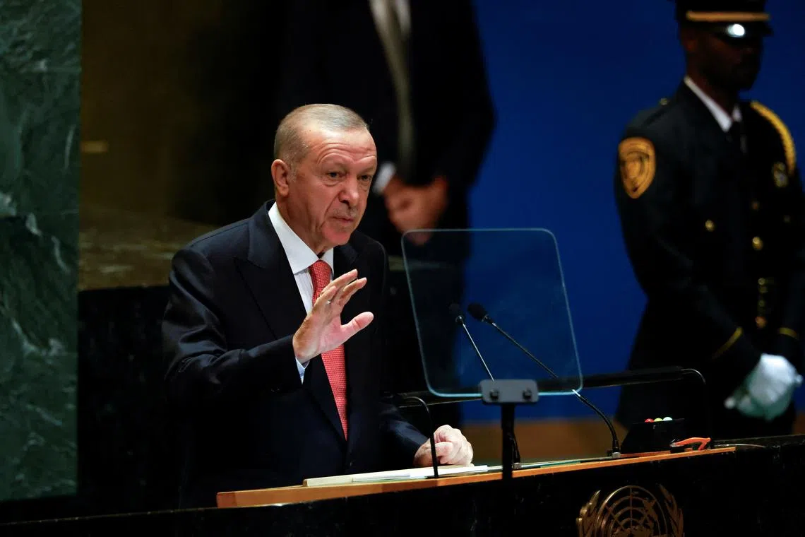 FILE PHOTO: Turkey's President Tayyip Erdogan addresses the 79th United Nations General Assembly at U.N. headquarters in New York, U.S., September 24, 2024.  REUTERS/Shannon Stapleton/File Photo