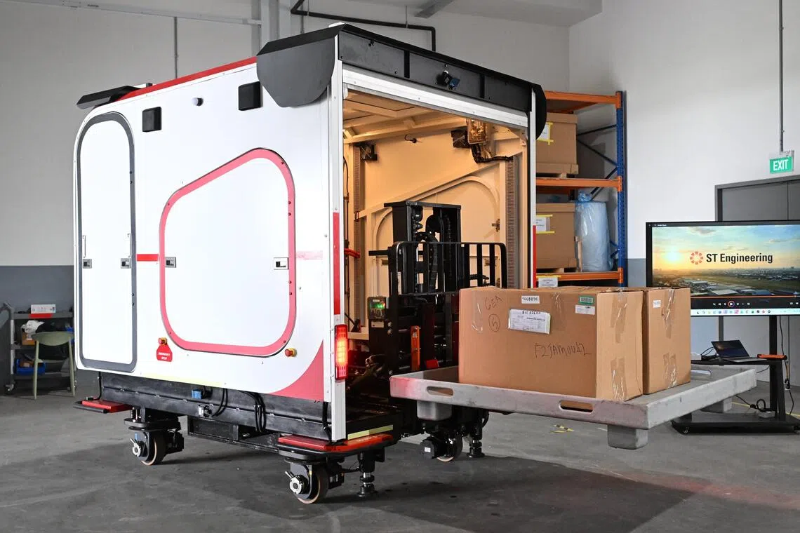 Self-driving vehicles will ply the hangar floor to transport aircraft parts between facilities, replacing manually operated forklifts.