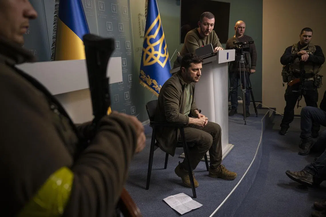 A file photo of Ukraine President Volodymyr Zelensky at a press conference in Kyiv. His office criticised Fifa on Sunday for refusing to broadcast his video ahead of the World Cup final in Qatar, 