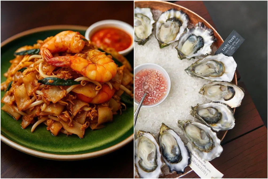 Cafe OSG's The Hardworking Hero Char Kuay Teow (left) and oysters from Humpback.