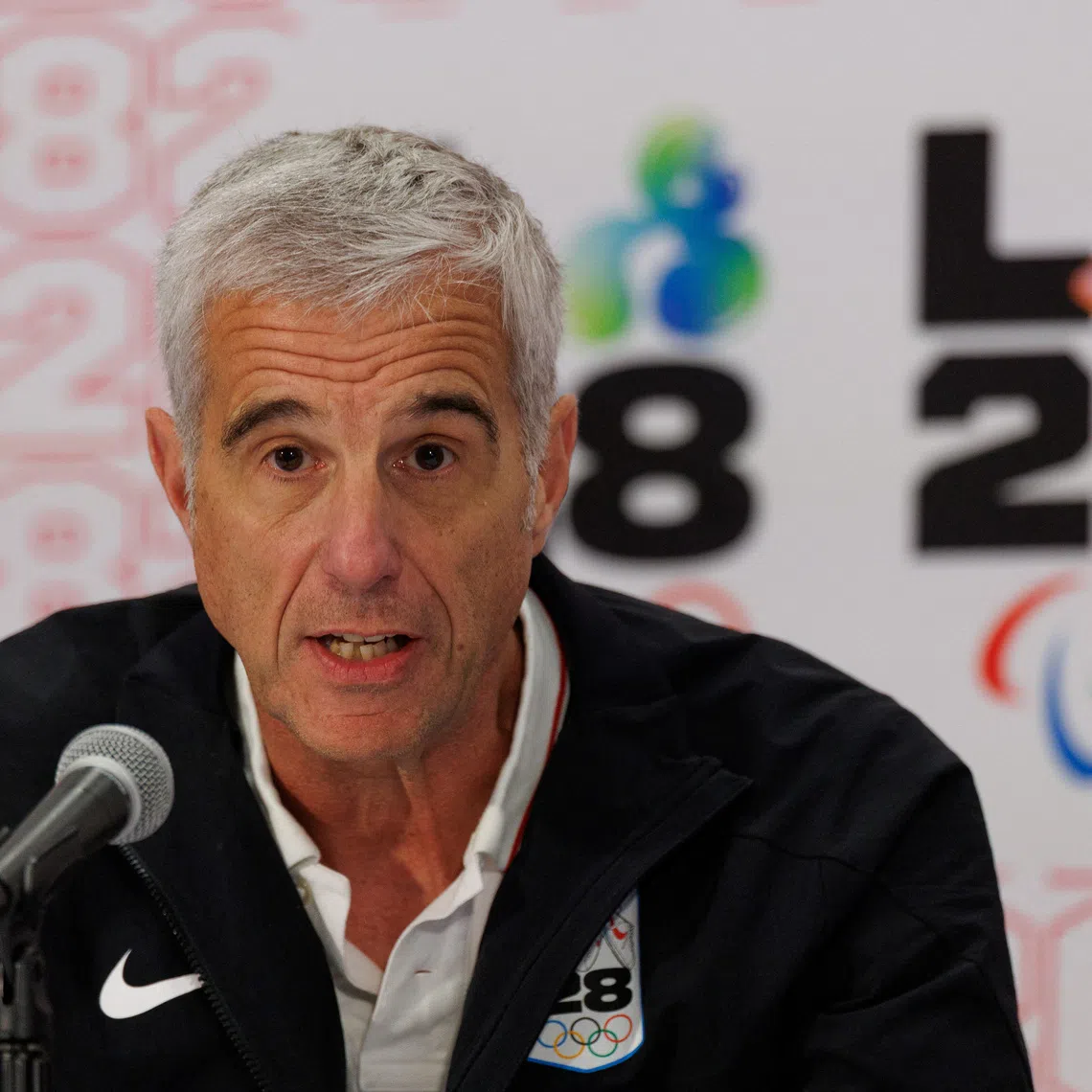 Reynold Hoover, LA28 Chief Executive Officer, speaks during a press conference following the conclusion of a three-day visit by the International Olympic Committee (IOC) Coordination Commission for the Olympic and Paralympic Games Los Angeles 2028, to select Games venues, track the progress of the LA28 Games and share insights on the progress and preparations in Los Angeles, California, U.S. June 5, 2025.  REUTERS/Mike Blake
