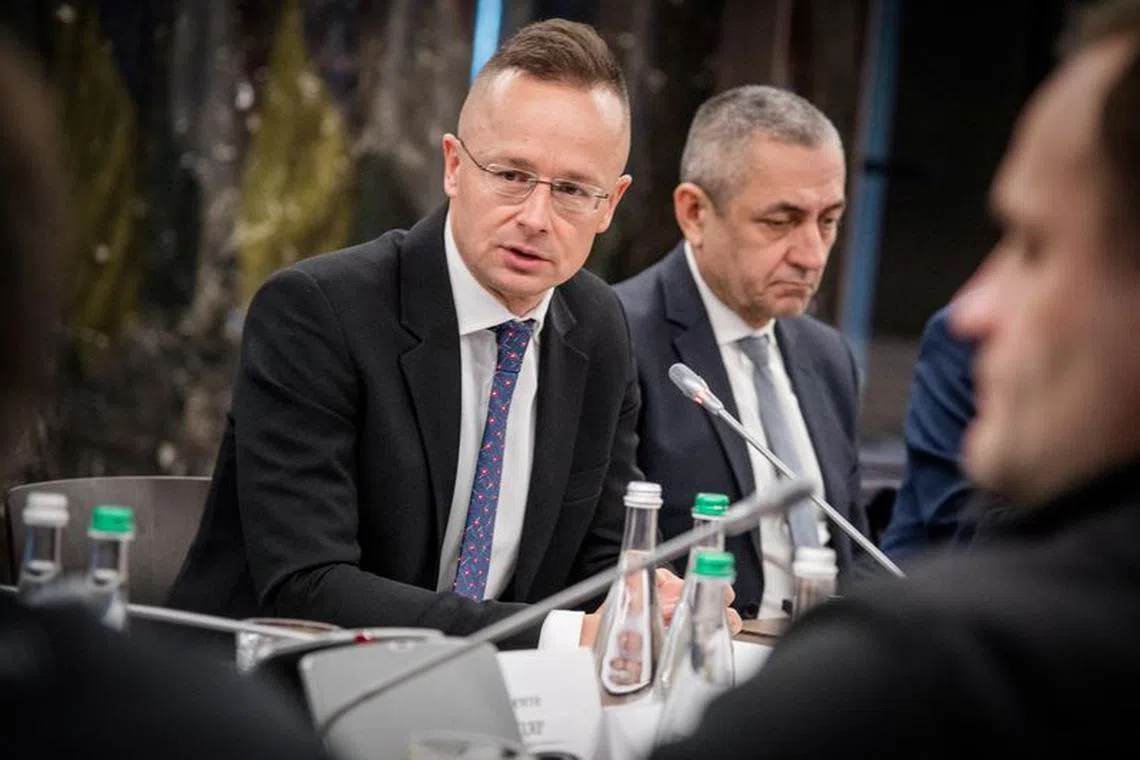Hungarian Minister of Foreign Affairs and Trade Peter Szijjarto attends a meeting with his Ukrainian counterpart Dmytro Kuleba, amid Russia's attack on Ukraine, in Uzhhorod, Ukraine January 29, 2024. Press Service of Ministry of Foreign Affairs of Ukraine/Handout via REUTERS