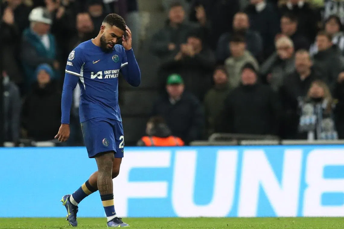 FILE PHOTO: Soccer Football - Premier League - Newcastle United v Chelsea - St James Park, Newcastle, Britain - November 25, 2023 Chelsea's Reece James leaves the pitch after being shown a red card by referee Simon Hooper REUTERS/Scott Heppell