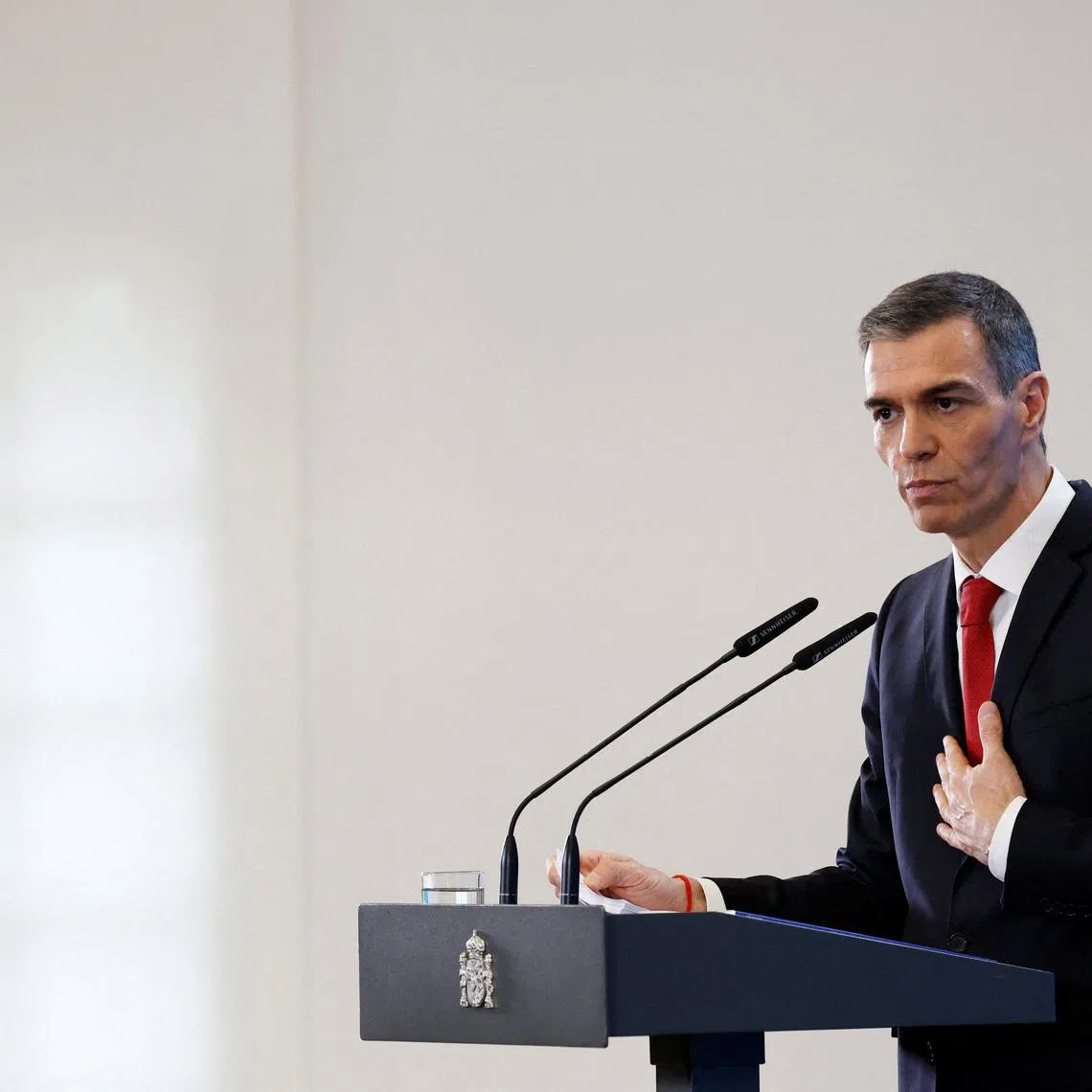 FILE PHOTO: Spain's Prime Minister Pedro Sanchez gestures during a year-end balance news briefing at Moncloa Palace in Madrid, Spain, December 15, 2025. REUTERS/Susana Vera/ File Photo