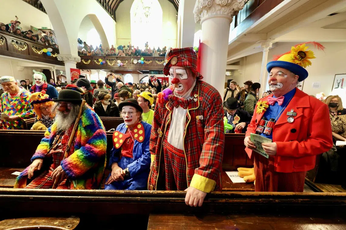 Clowns and entertainers attend the annual service of remembrance in honour of British clown Joseph Grimaldi who died in 1837, at All Saints Church in Haggerston, London, Britain, February 2, 2025.   REUTERS/Kevin Coombs
