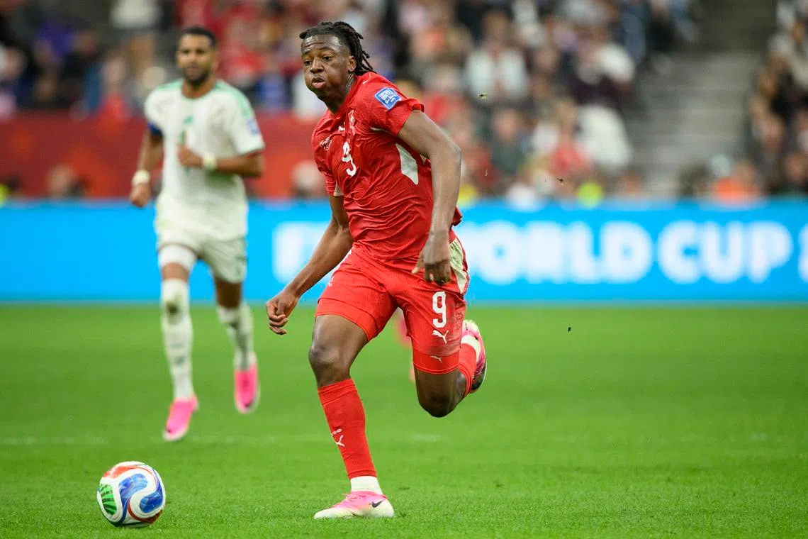 Jul 2, 2026; Vancouver, British Columbia, CAN; Switzerland midfielder Johan Manzambi (9) dribbles the ball during the first half against Algeria during a Round of 32 match in the 2026 FIFA World Cup at BC Place Vancouver. Mandatory Credit: Anne-Marie Sorvin-Imagn Images