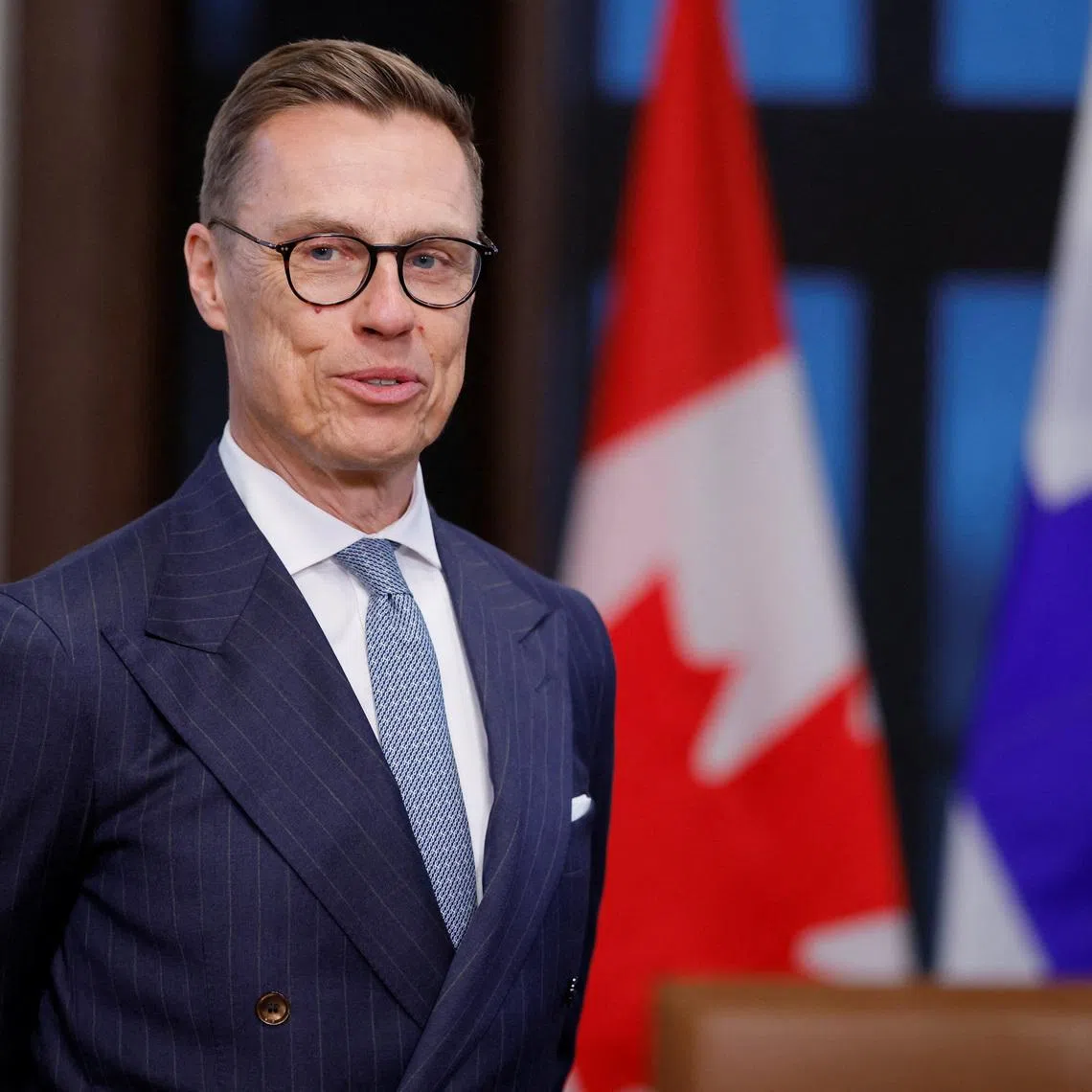 FILE PHOTO: Finland's President Alexander Stubb looks on as he meets with Canada's Prime Minister Mark Carney (not pictured) on Parliament Hill in Ottawa, Ontario, Canada, April 14, 2026. Blair Gable/Pool via REUTERS/File Photo