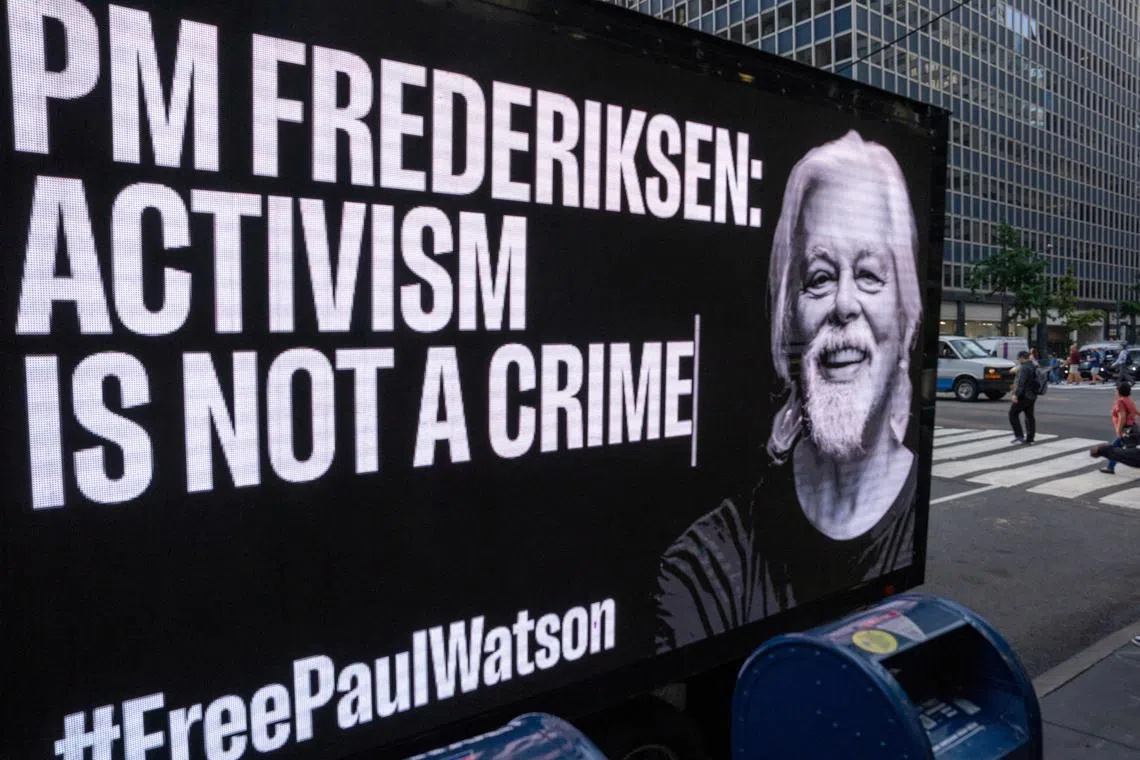 FILE PHOTO: A truck with a digital billboard displaying a photo of Paul Watson and calling for his release is seen in New York City, U.S., August 28, 2024. REUTERS/David 'Dee' Delgado/File Photo