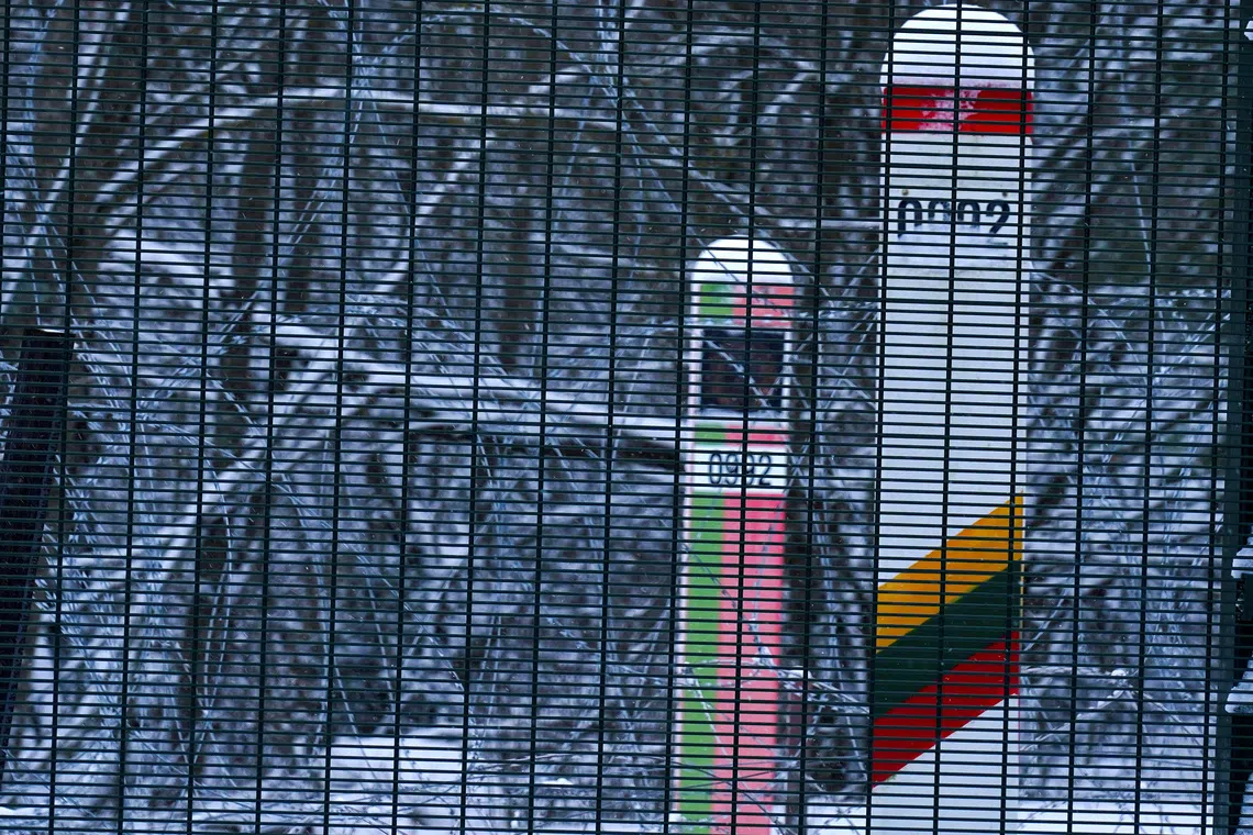 A view of Belarus-Lithuania border mark poles in Kurmelionys, Lithuania January 21, 2022. REUTERS/Janis Laizans