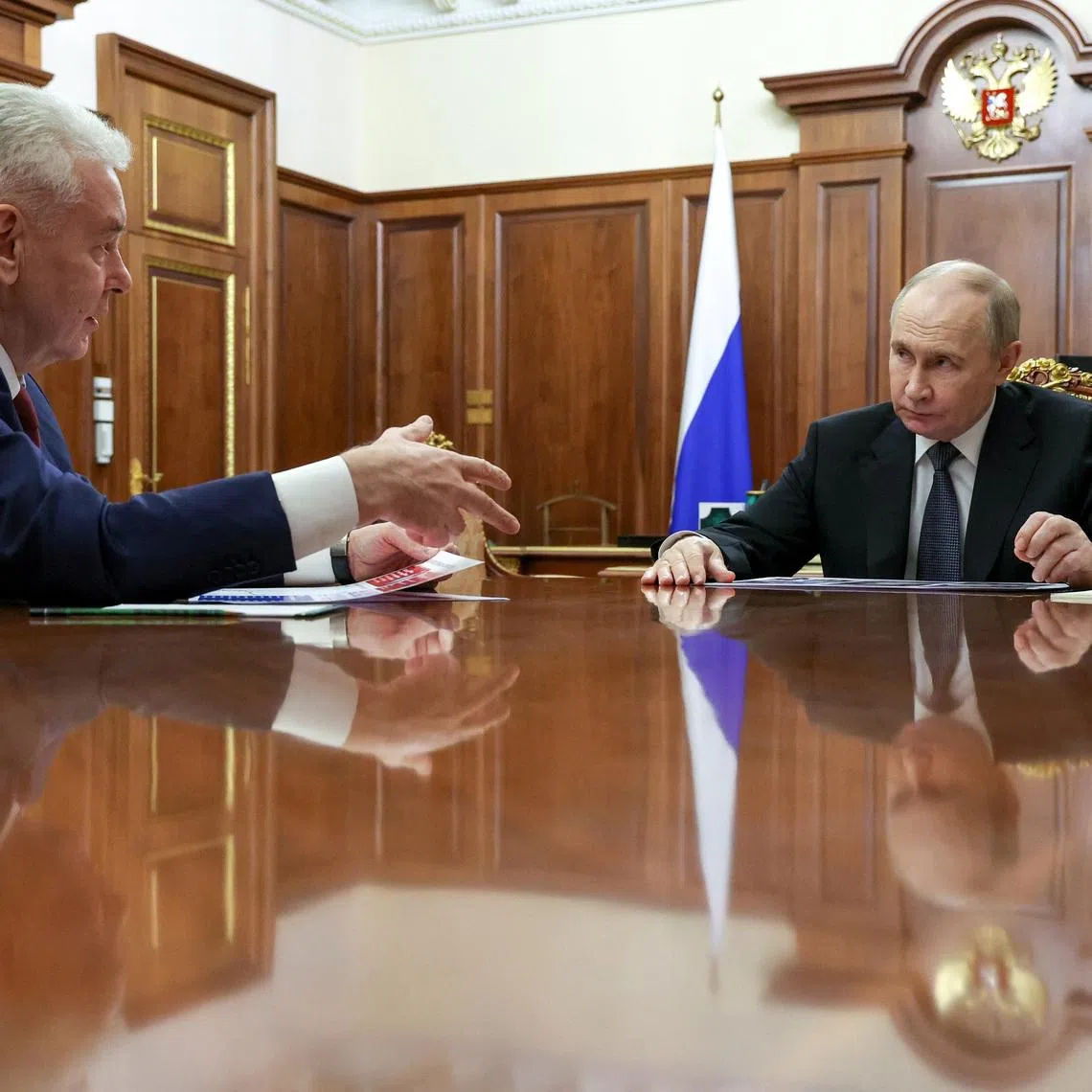 Russian President Vladimir Putin meets with Moscow Mayor Sergei Sobyanin at the Kremlin in Moscow, Russia May 5, 2025. Sputnik/Vyacheslav Prokofyev/Pool via REUTERS