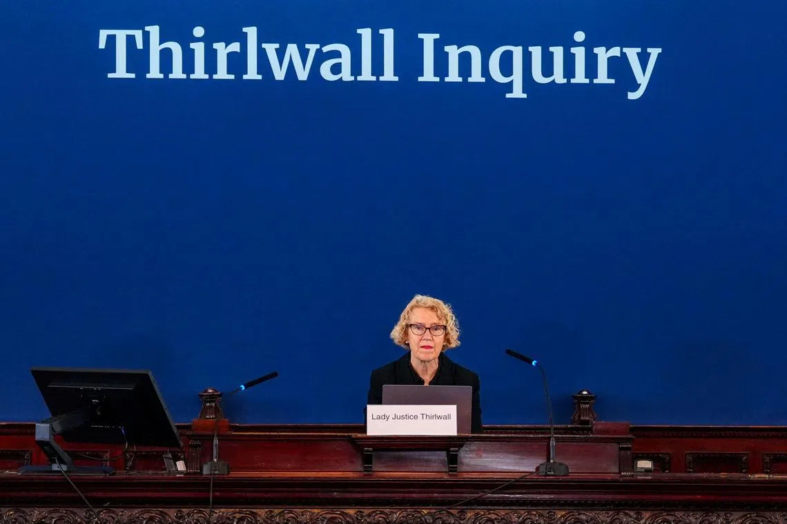 FILE PHOTO: Chair of the inquiry Lady Justice Thirlwall looks on ahead of hearings into the murders and attempted murders of babies by nurse Lucy Letby, at Liverpool Town Hall in Liverpool, Britain, September 9, 2024. Peter Byrne/Pool via REUTERS/File Photo