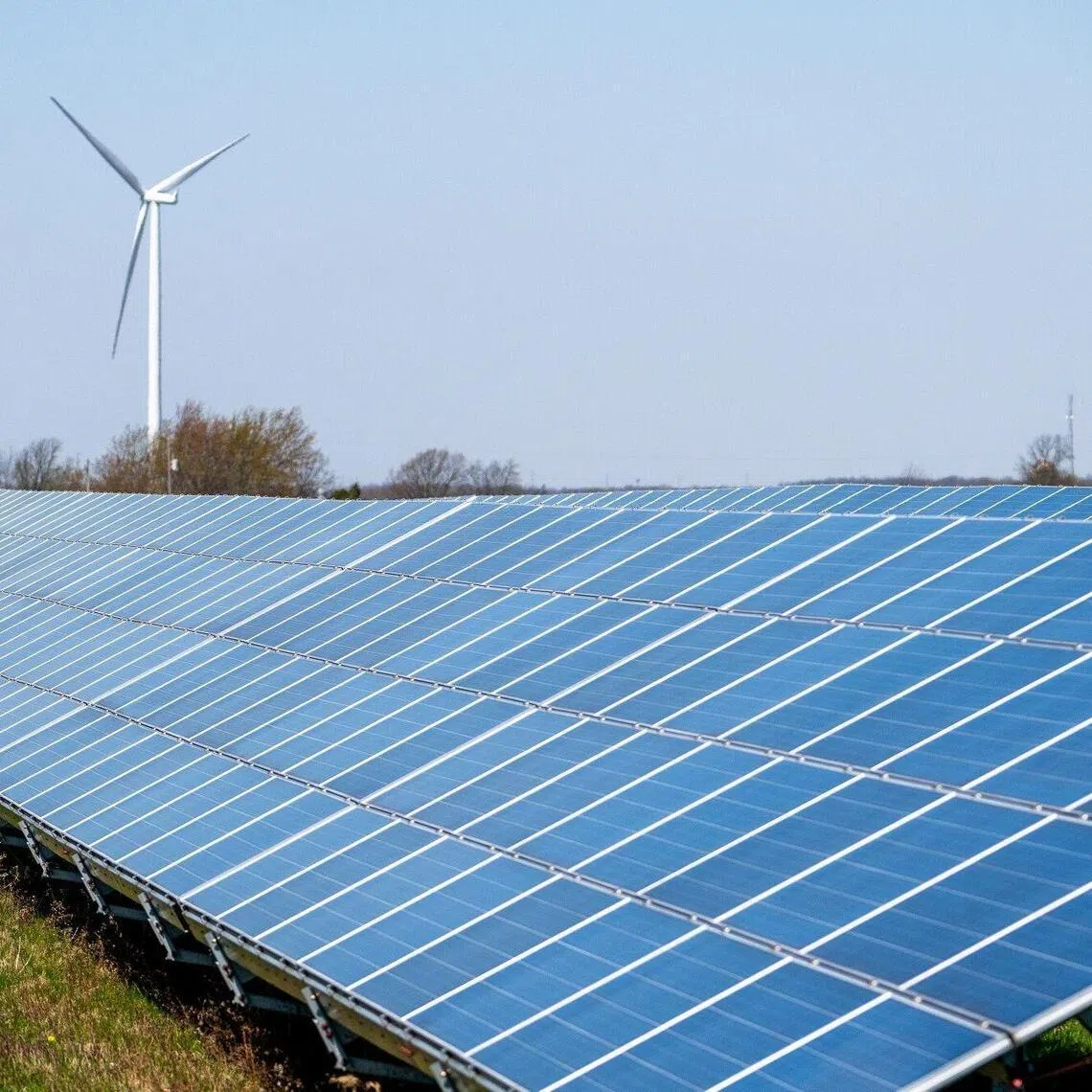 A wind turbine and solar panels in the Grand Renewable Energy Park in South Cayuga, Ontario, Canada, on May 4, 2026. 