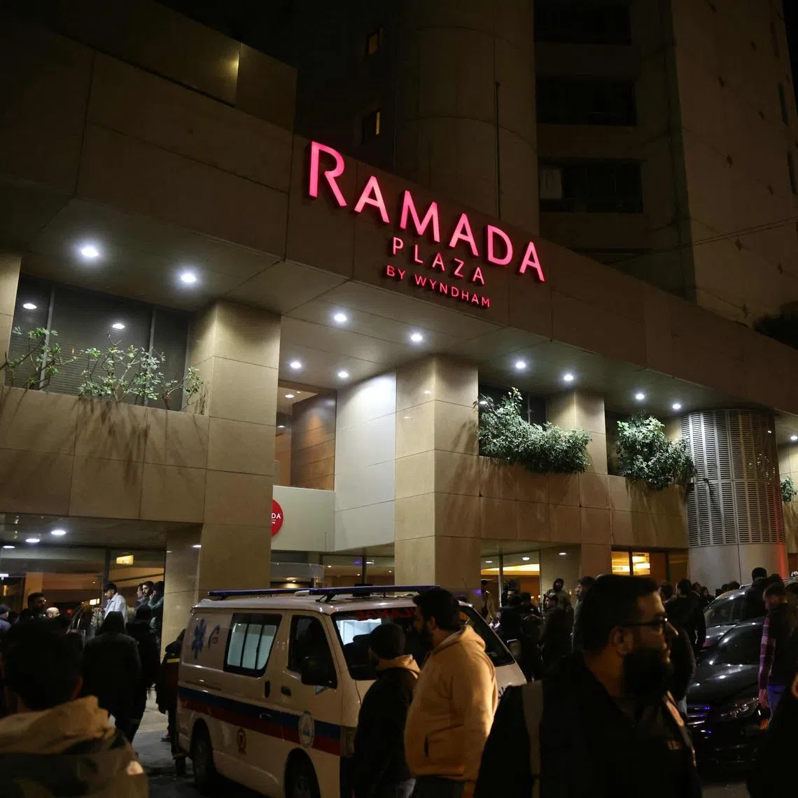 First aid responders gather at a Ramada hotel that was targeted by an Israeli strike, in Beirut’s seaside Rawche area, on March 8.