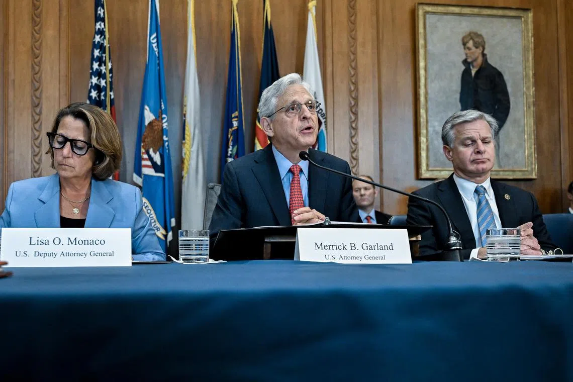 From left: Deputy Attorney General Lisa Monaco; Attorney General Merrick Garland; FBI Director Christopher Wray during a meeting of the Justice Department’s Election Threats Task Force, in Washington on Sept. 4, 2024. (Kenny Holston/The New York Times)