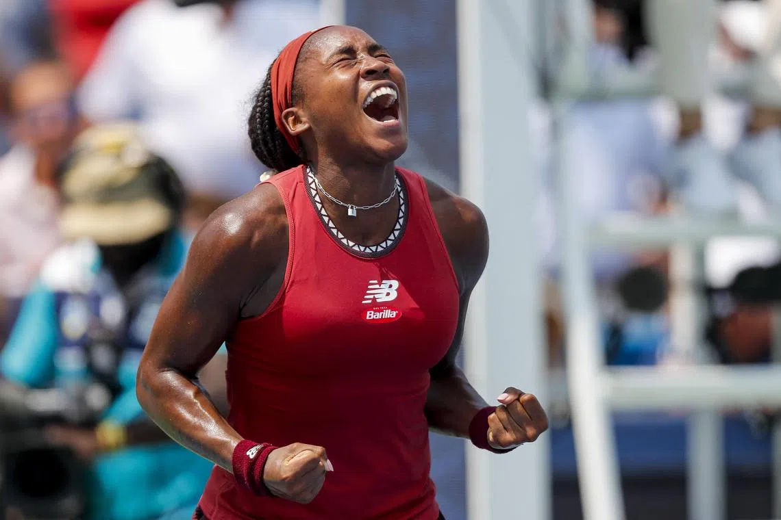 Coco Gauff reacts to winning the match, and will play for the title against either second-ranked Aryna Sabalenka or Czech Karolina Muchova.