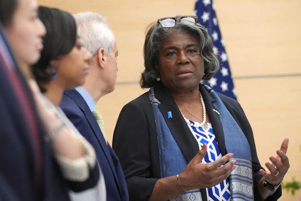 U.S. Ambassador to United Nations Linda Thomas-Greenfield speaks to Rahm Emanuel, U.S. Ambassador to Japan as they wait for a meeting with Japan's Prime Minister Fumio Kishida at the prime minister's office in Tokyo, Japan, April 19, 2024. Eugene Hoshiko/Pool via REUTERS