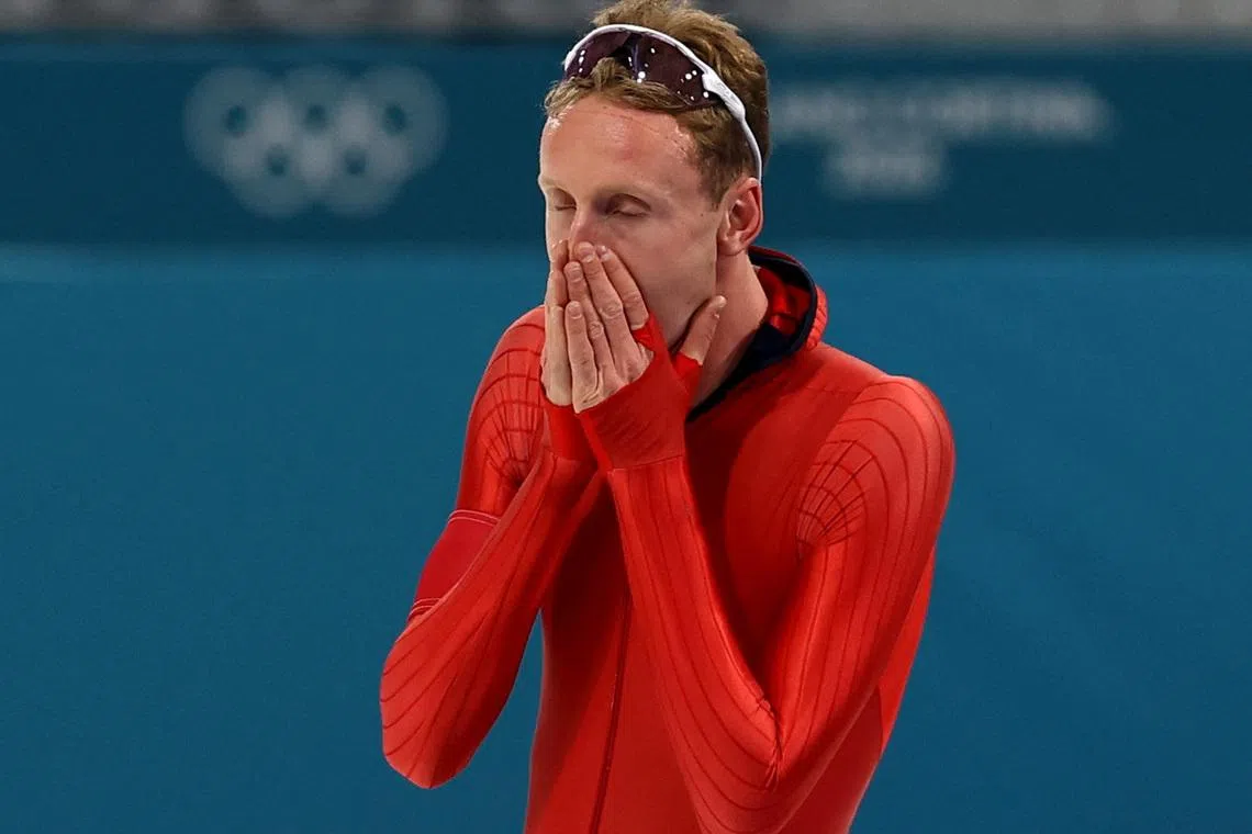 Milano Cortina 2026 Olympics - Speed Skating - Men's 5000m - Milano Speed Skating Stadium, Milan, Italy - February 08, 2026. Sander Eitrem of Norway reacts to his Olympic record time after the men's 5000m race. REUTERS/Yves Herman