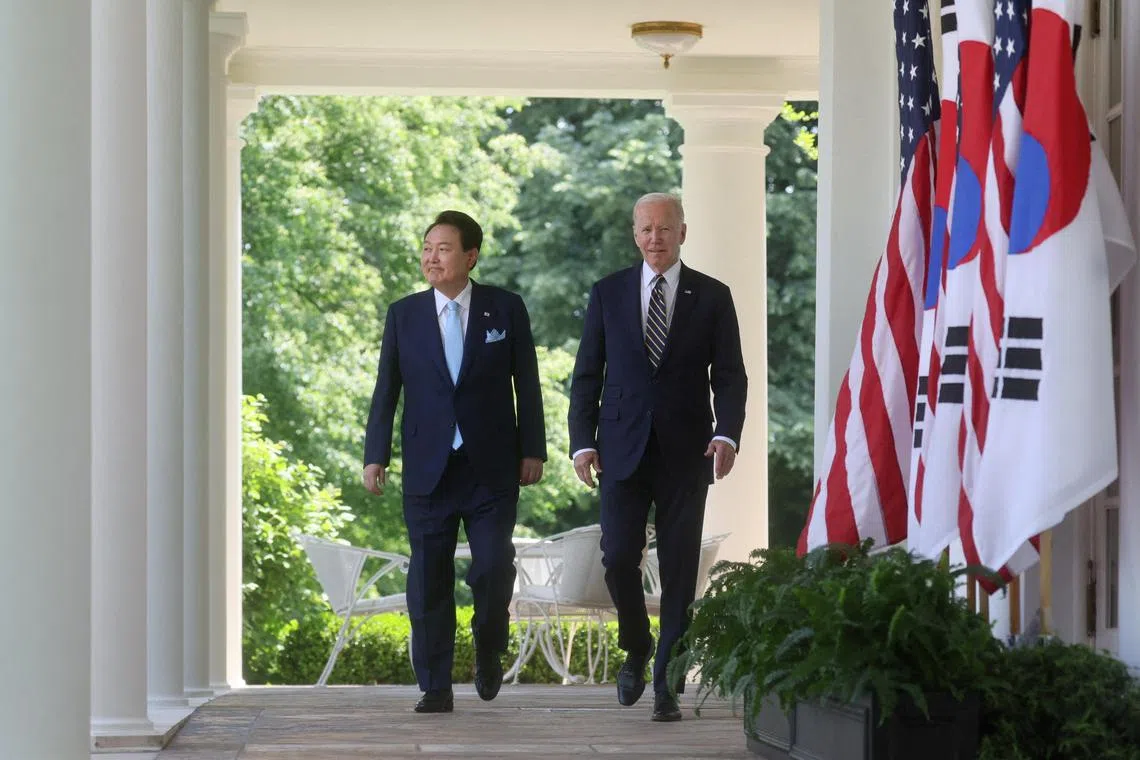 South Korean President Yoon Suk-yeol (left) and US President Joe Biden agreed to step up nuclear planning over North Korea by launching the consultative group. 