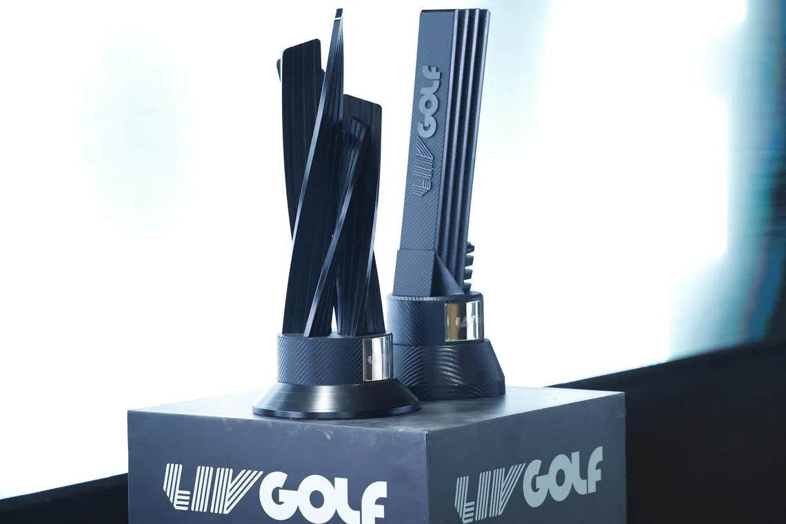 FILE PHOTO: Golf - LIV Golf - TGL Tournament - Riyadh Golf Club, Riyadh, Saudi Arabia - February 6, 2025 General view of the LIV Golf trophies REUTERS/Hamad I Mohammed/File Photo