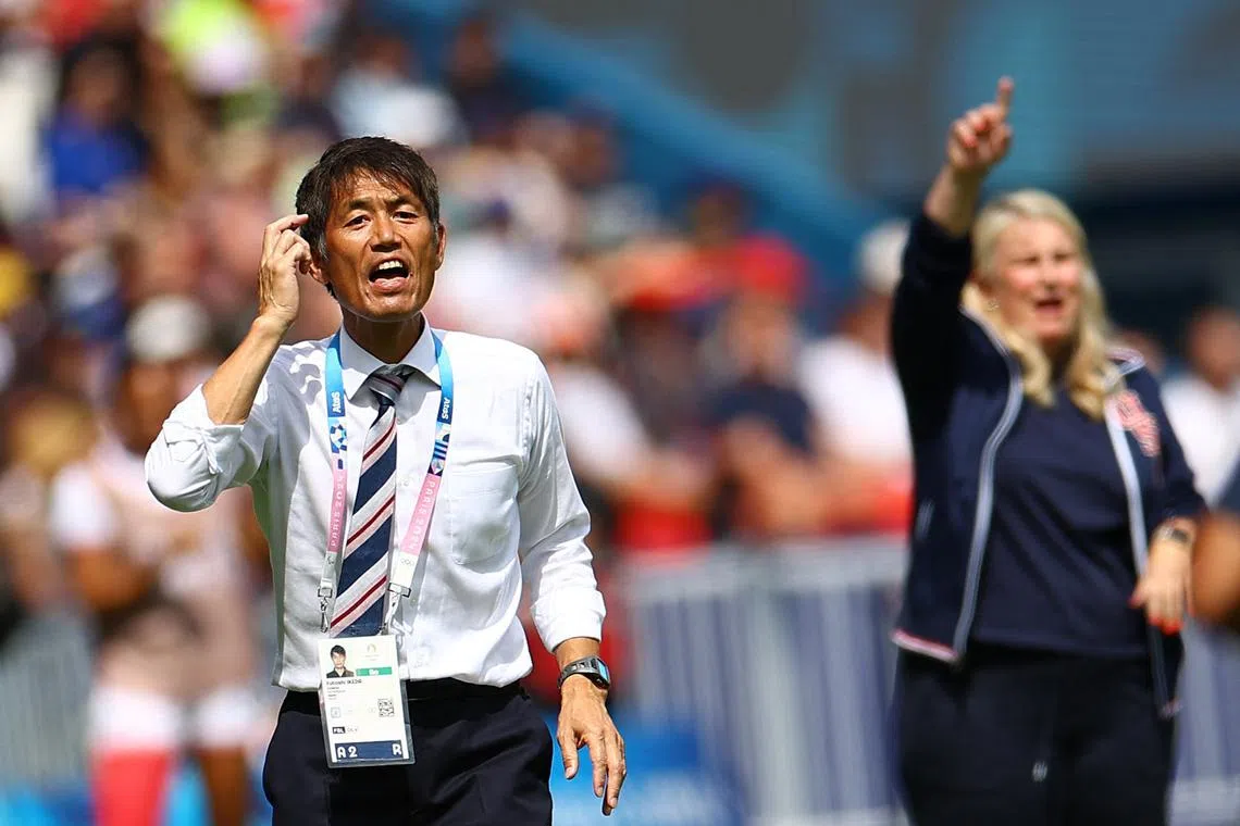 FILE PHOTO: Paris 2024 Olympics - Football - Women's Quarter-final - United States vs Japan - Parc des Princes, Paris, France - August 03, 2024. Japan coach Futoshi Ikeda reacts. REUTERS/Agustin Marcarian/File Photo
