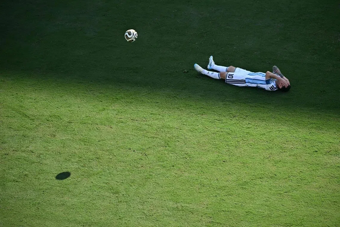 Argentina's forward Lionel Messi reacting during the 2026 World Cup football tournament final match between Spain and Argentina at the New York/New Jersey Stadium in East Rutherford on July 19.  
