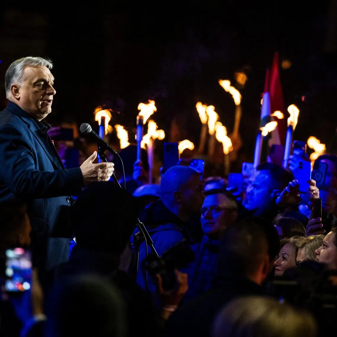 Hungarian Prime Minister Viktor Orban speaks during an election campaign rally in Kaposvar, Hungary, March 16, 2026. REUTERS/Marton Monus