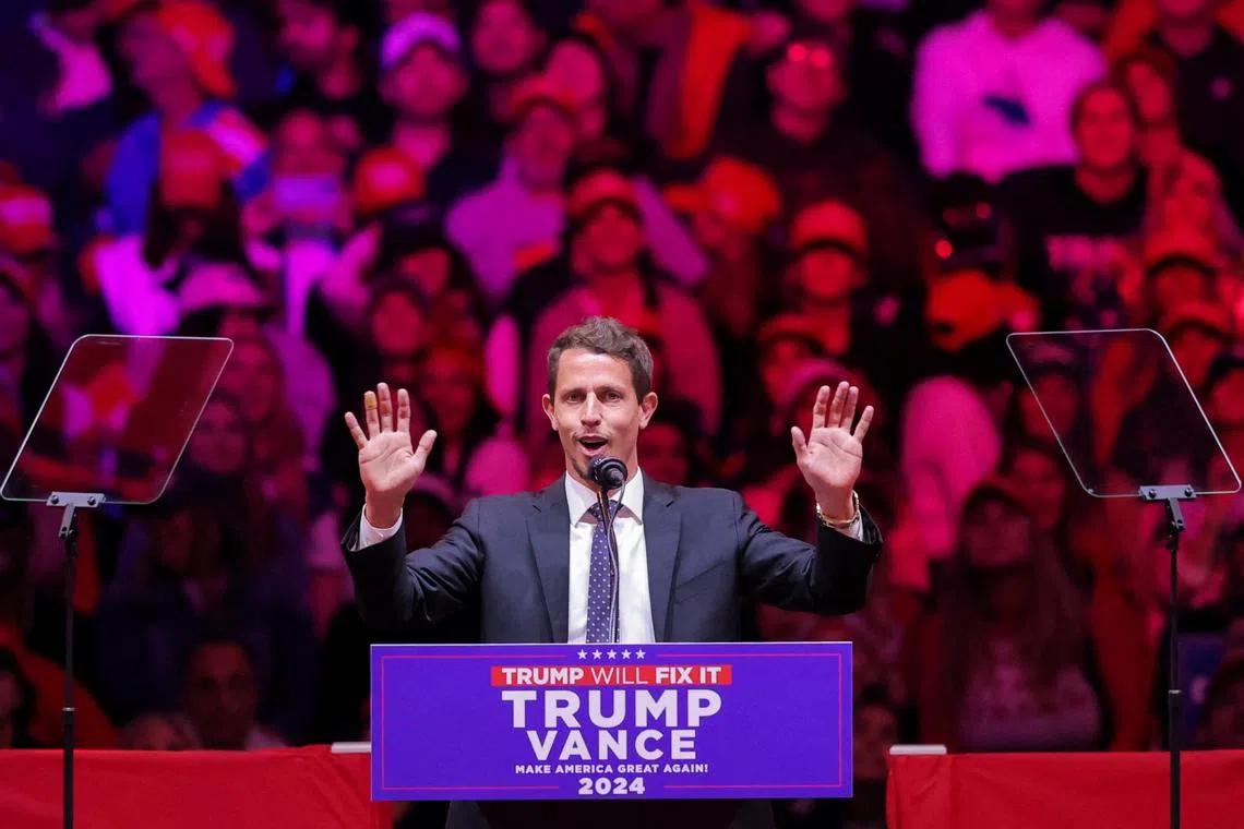 Comedian Tony Hinchcliffe speaking during a rally for Republican presidential nominee and former US president Donald Trump at Madison Square Garden, in New York, on Oct 27.   