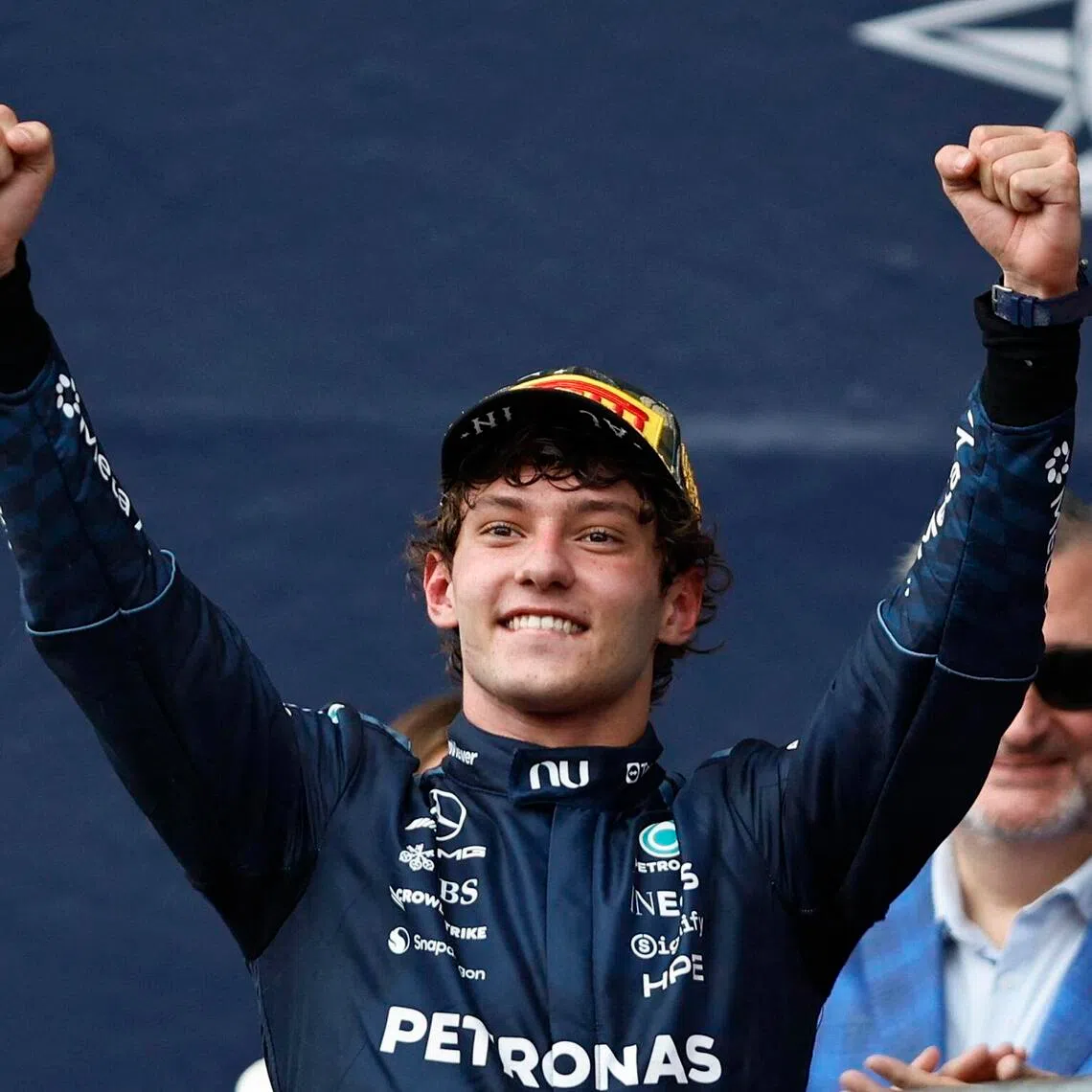 Mercedes’ Kimi Antonelli celebrating on the podium on Oct 25, after winning the United States Grand Prix.