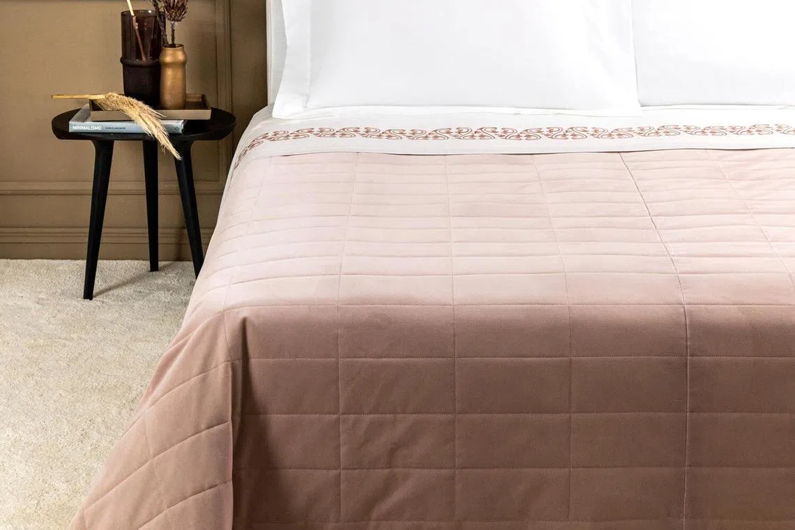 Italian luxury bedding brand Frette's Velvet Quilt in Dawn Pink.  It is part of the brand's A Clean Slate collection, which draws inspiration from the idea of art as the greatest form of self-expression. The range includes bedding, bath essentials and home accessories. 