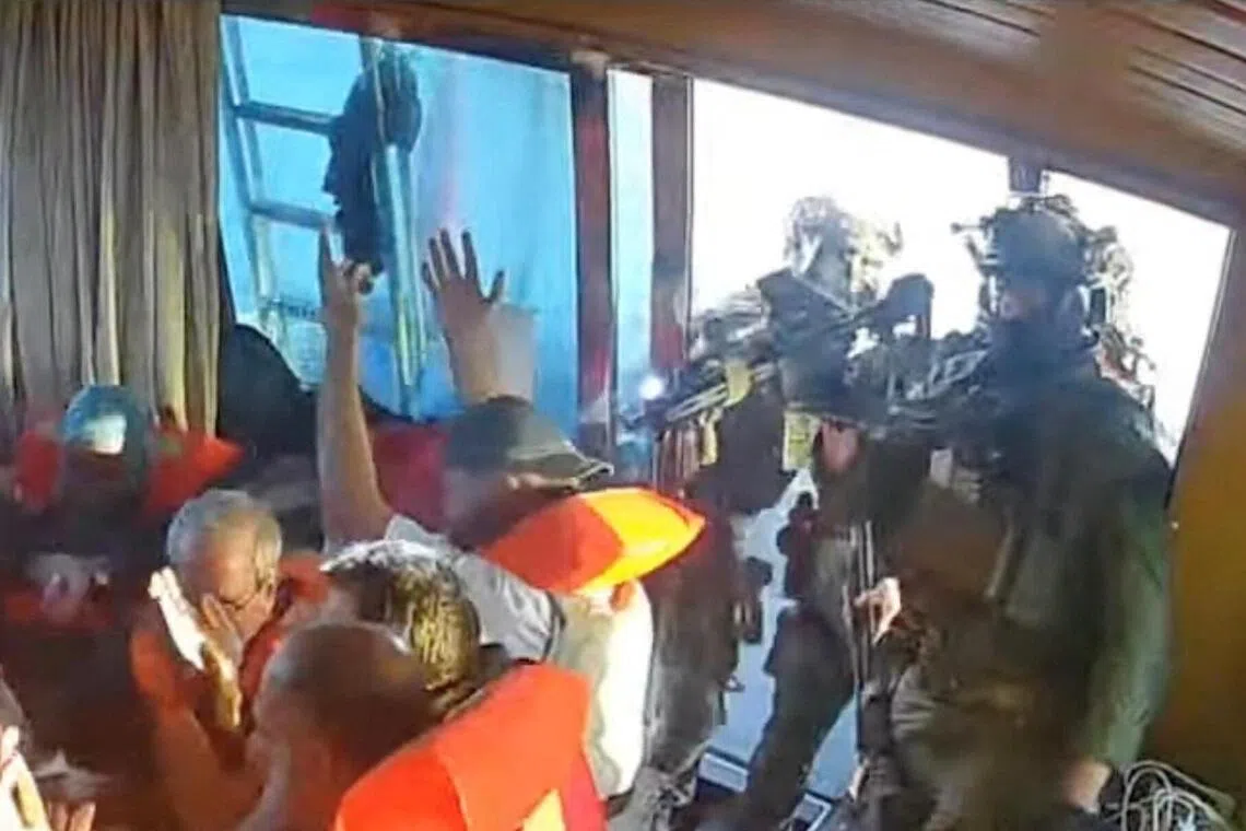 Israeli navy forces aboard the Gaza-bound vessel Florida, part of the Global Sumud Flotilla.