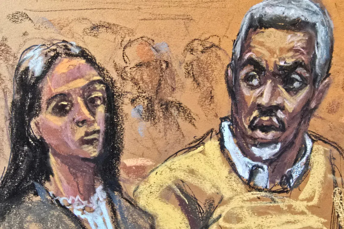 FILE PHOTO: Sean \"Diddy\" Combs, next to his lawyer Teny Geragos, reacts after learning he will not be released on bail, during his sex trafficking and racketeering conspiracy trial in New York City, New York, U.S., July 2, 2025 in this courtroom sketch. REUTERS/Jane Rosenberg/File Photo