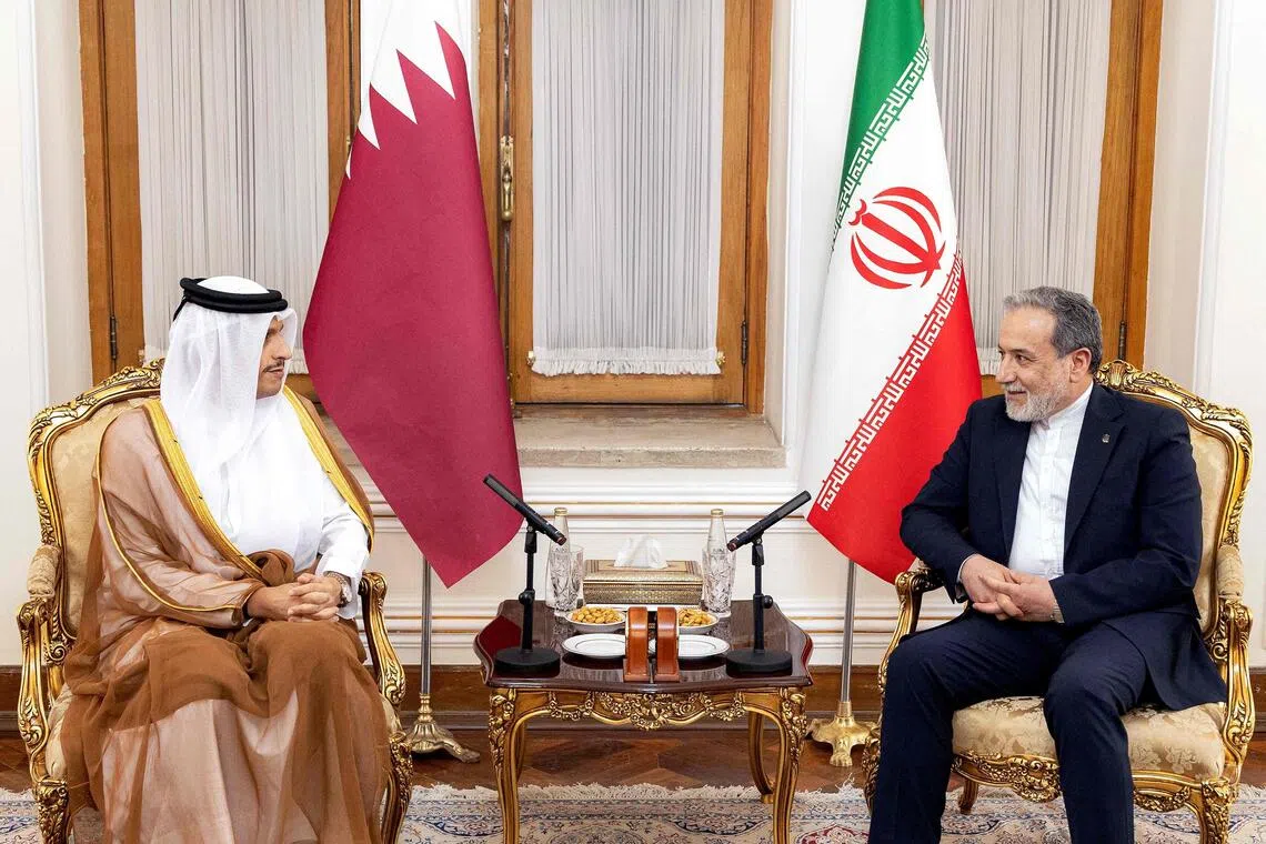 Qatar’s Prime Minister and Foreign Minister Sheikh Mohammed bin Abdulrahman bin Jassim Al-Thani (left) met with Iran’s Foreign Minister Abbas Araghchi in Tehran on Aug 27.