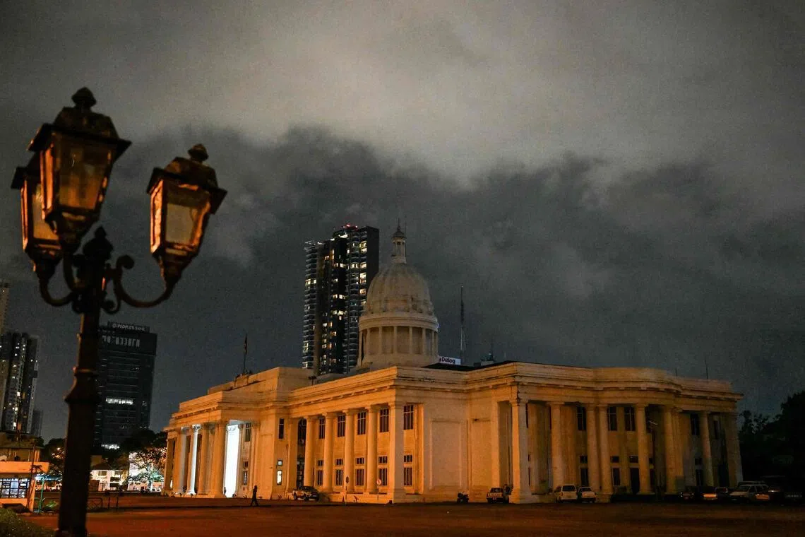 The Colombo Municipal Council building is pictured after lights out in Colombo on April 2, 2026 as authorities order measures to save electricity amid an energy shortage.