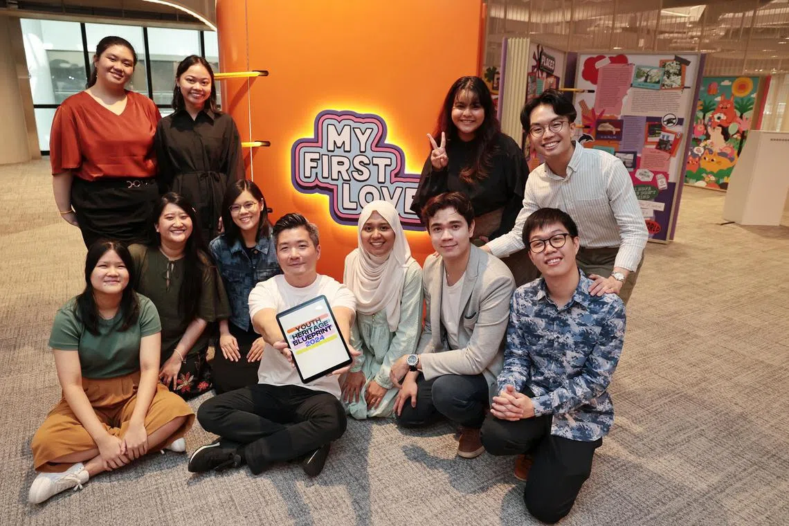 kgyouth29 - NHB launching Youth Heritage Blueprint with exhibition My First Love with NHB Deputy CEO Alvin Tan before he moves to Singapore Chinese Cultural Centre. Pictured are members of the Youth Panel at Punggol Regional Library, 1 Punggol Drive One on 29 May 2024: (White shirt) Mr Alvin Tan, Deputy Chief Executive, (Blue pattern shirt) Mr Arthur Tan, Manager, NHB
 (blazer) Mr Kai Van Putten,  (black sleeve) Ms Dalilah Binte Kamaru Zaman,
 (blue stripe shirt ) Mr Alex Foo Tze Han,( black dress ) Ms Lee Shu Yu,
(Orange shirt ) Ms Wee Yun Lin Tricia,(green w brown pants) Ms Yeong Ann Ying,
(mint green )Ms Nurul Aqilah Binte Mohd Khirashid,(army green )Ms Nur Ashikin Binte Muhamad Ali,

ST Photo: Hester Tan