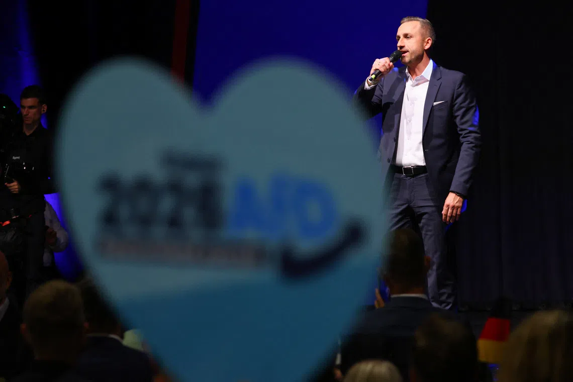 Top candidate of the far-right Alternative for Germany (AfD), Ulrich Siegmund, speaks at the AfD election party, after exit polls in the Saxony-Anhalt state elections, in Magdeburg, Germany, September 6, 2026. REUTERS/Thilo Schmuelgen