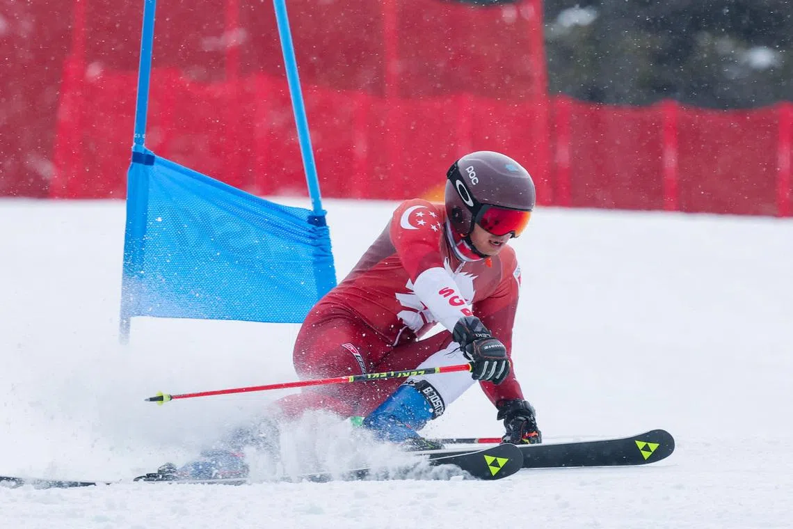 Singaporean skier Faiz Basha clears a gate during a training session ahead of the alpine skiing race at the Milano Cortina 2026 Winter Olympics, in Bormio, Italy, February 10, 2026. REUTERS/Denis Balibouse