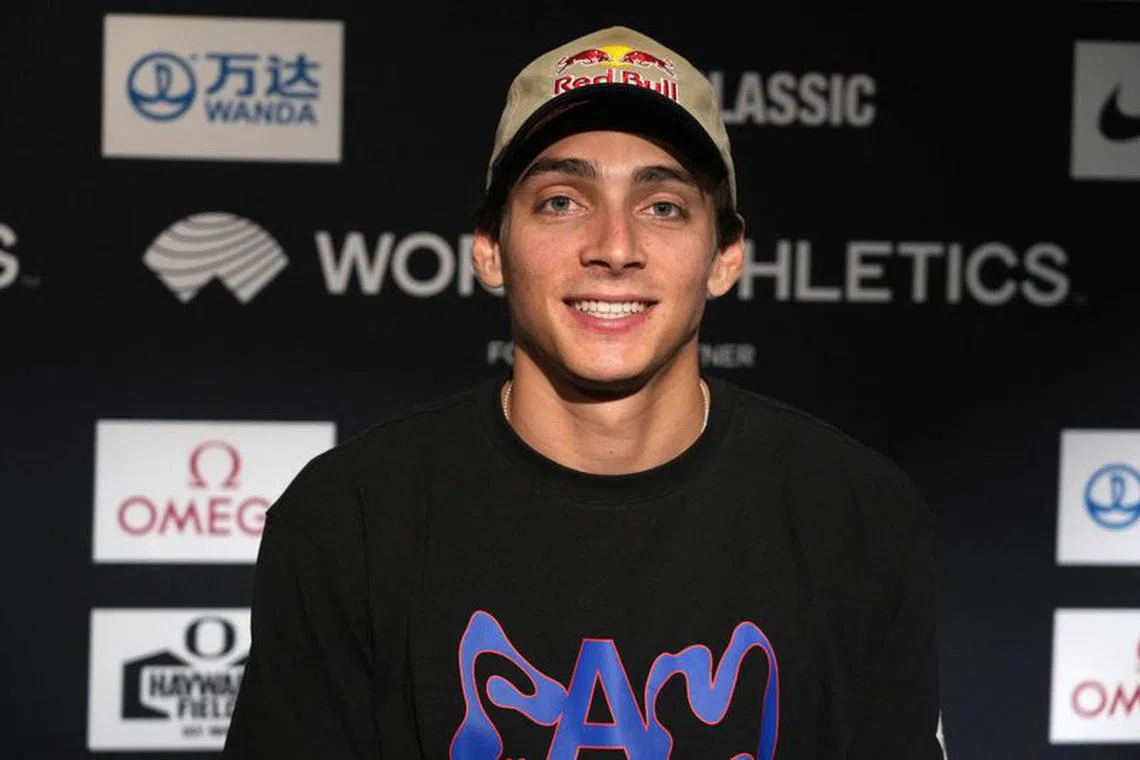 Sep 15, 2023; Eugene, OR, USA; Mondo Duplantis aka Armand Duplantis (SWE) during the Prefontaine Classic press conference at the Graduate Eugene. Mandatory Credit: Kirby Lee-USA TODAY Sports/File Photo