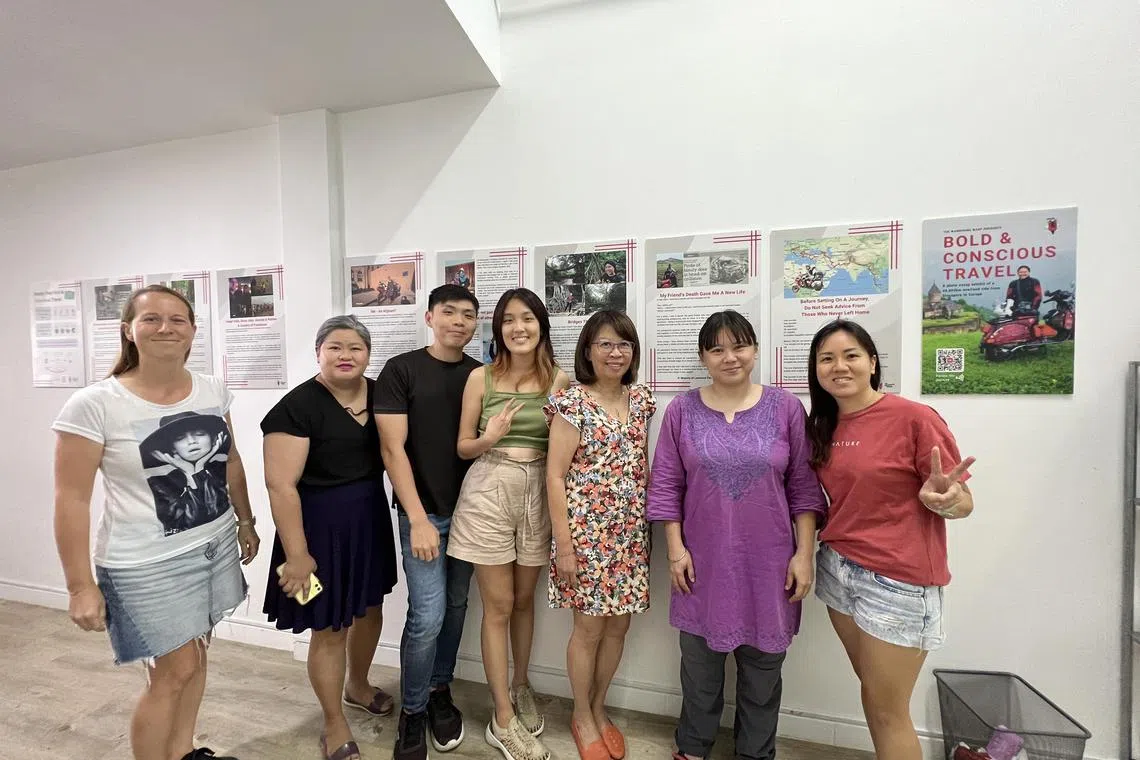 Participants of the Going Slow community attending a workshop by motorcycle traveller Juvena Huang (second from right) of The Wandering Wasp.